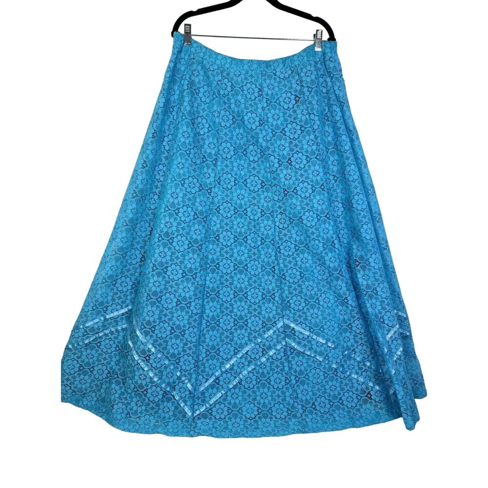 Vintage Womens Blue Lace A-Line Skirt Elastic Waist Midi Length Size L Large